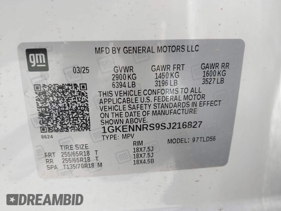 2025 GMC Acadia AWD Elevation z VIN 1GKENNRS9SJ216827, wystawiony jako IAAI lot #42408304 z przebiegiem 6 359 mil mil oraz . Historia ofert i sprzedaży dostępna na DreamBid. Obrazek 9.