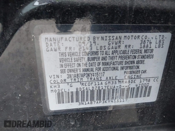 2019 Nissan Sentra SV with VIN 3N1AB7AP3KY415117, listed as a IAAI auction lot 41542022 with 112,728 mi miles and . Bid and sale history available at DreamBid. Image 9.