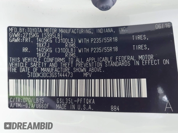 2016 Toyota Sienna Ltd with VIN 5TDDK3DC3GS144473, listed as a IAAI auction lot 41681218 with 32,080 mi miles. Bid and sale history available at carsss.com. Image 9.