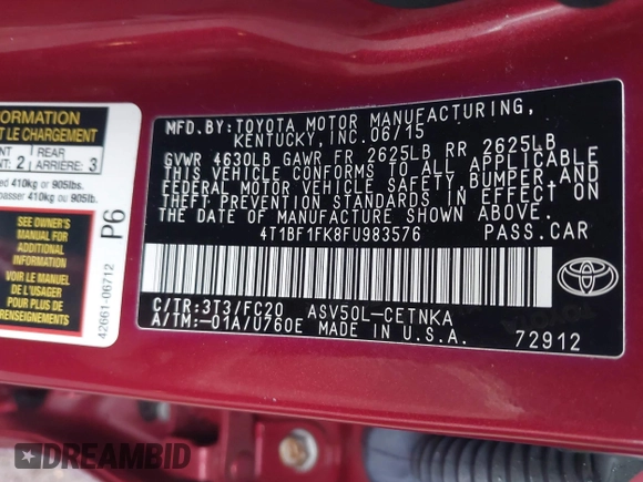 2015 Toyota Camry XLE with VIN 4T1BF1FK8FU983576, listed as a IAAI auction lot 41910503 with 62,941 mi miles. Bid and sale history available at carsss.com. Image 9.