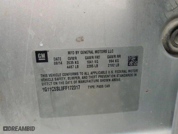 2015 Chevrolet Malibu LT with VIN 1G11C5SL0FF172317, listed as a Copart auction lot 49980005 with 101,358 mi miles and Salvage Title. Bid and sale history available at carsss.com. Image 12.