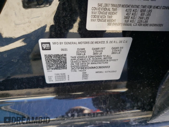 2021 GMC Sierra 1500 AT4 with VIN 3GTP9EED0MG365003, listed as a Copart auction lot 43715645 with 70,051 mi miles and Salvage Title. Bid and sale history available at carsss.com. Image 12.
