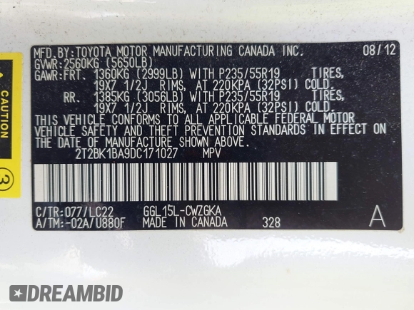 2013 Lexus RX 350 with VIN 2T2BK1BA9DC171027, listed as a IAAI auction lot 42447555 with 90,118 mi miles and . Bid and sale history available at DreamBid. Image 9.