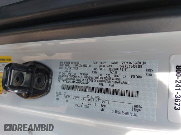 2022 Ford F-150 XL z VIN 1FTEX1EB8NKF26762, wystawiony jako IAAI lot #42217335 z przebiegiem 40 226 mil mil oraz . Historia ofert i sprzedaży dostępna na DreamBid. Obrazek 9.