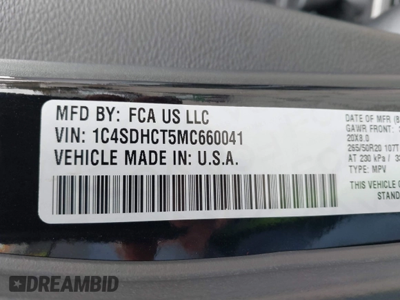 2021 Dodge Durango R/T with VIN 1C4SDHCT5MC660041, listed as a IAAI auction lot 41775579 with 34,847 mi miles and . Bid and sale history available at DreamBid. Image 9.