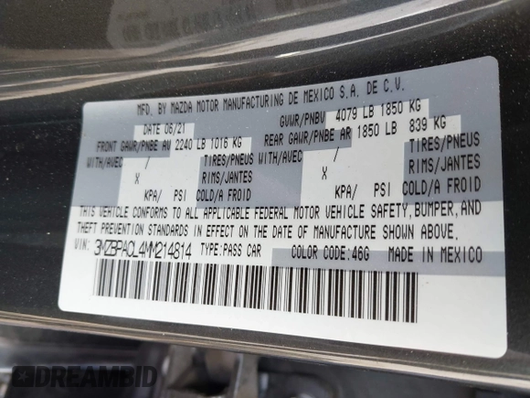 2021 Mazda 3 Preferred with VIN 3MZBPACL4MM214814, listed as a IAAI auction lot 42115140 with 28,860 mi miles and . Bid and sale history available at DreamBid. Image 9.