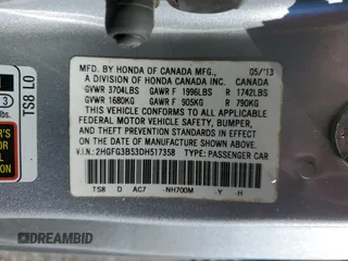2013 Honda Civic Cpe LX with VIN 2HGFG3B53DH517358, listed as a Copart auction lot 84302714 with 153,845 mi miles and Salvage Title. Bid and sale history available at carsss.com. Image 15.