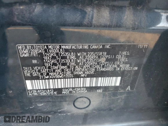 2011 Toyota RAV4 Sport with VIN 2T3WK4DV9BW013555, listed as a Copart auction lot 88509225 with 127,789 mi miles and Salvage title. Bid and sale history available at DreamBid. Image 14.