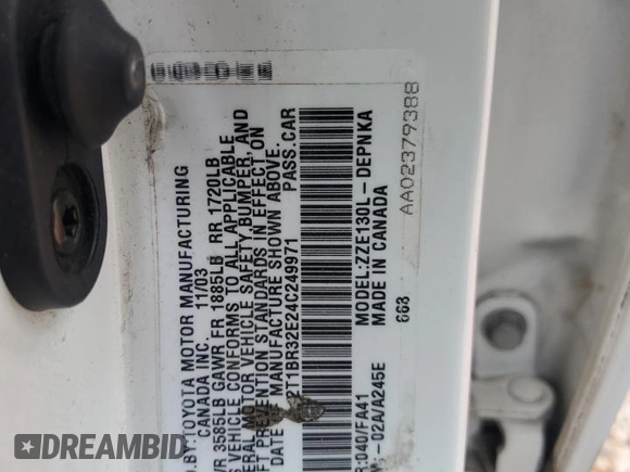 2004 Toyota Corolla CE with VIN 2T1BR32E24C249971, listed as a Copart auction lot 54757535 with 141,578 mi miles and Salvage Title. Bid and sale history available at DreamBid. Image 12.