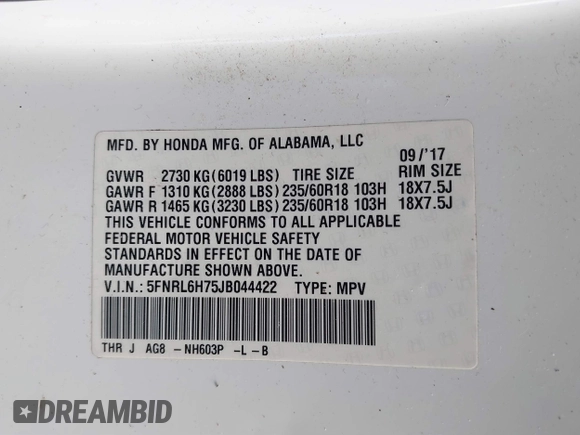 2018 Honda Odyssey EX-L with VIN 5FNRL6H75JB044422, listed as a IAAI auction lot 41730576 with 120,587 mi miles and . Bid and sale history available at DreamBid. Image 9.
