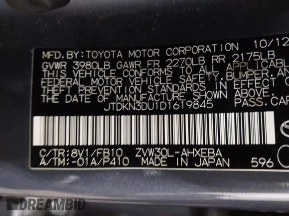 2013 Toyota Prius One with VIN JTDKN3DU1D1619845, listed as a IAAI auction lot 41935880 with 127,601 mi miles. Bid and sale history available at carsss.com. Image 9.