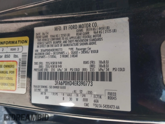 2014 Ford Fusion SE with VIN 3FA6P0HD4ER390773, listed as a IAAI auction lot 42088373 with 265,001 mi miles and . Bid and sale history available at DreamBid. Image 9.