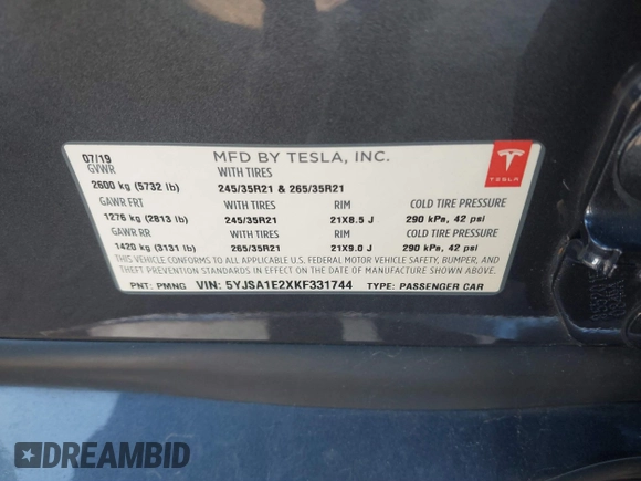 2019 Tesla Model S 75D with VIN 5YJSA1E2XKF331744, listed as a IAAI auction lot 41483173 with Not provided miles and . Bid and sale history available at DreamBid. Image 9.