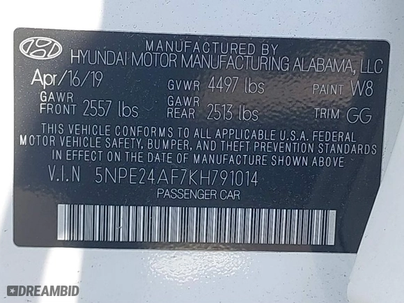 2019 Hyundai Sonata SE with VIN 5NPE24AF7KH791014, listed as a IAAI auction lot 41151136 with 101,469 mi miles. Bid and sale history available at carsss.com. Image 9.