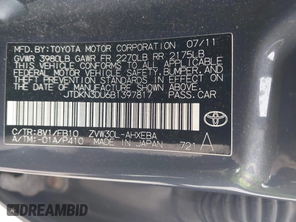 2011 Toyota Prius I z VIN JTDKN3DU6B1397817, wystawiony jako IAAI lot #42476902 z przebiegiem 172 942 mil mil oraz . Historia ofert i sprzedaży dostępna na DreamBid. Obrazek 9.