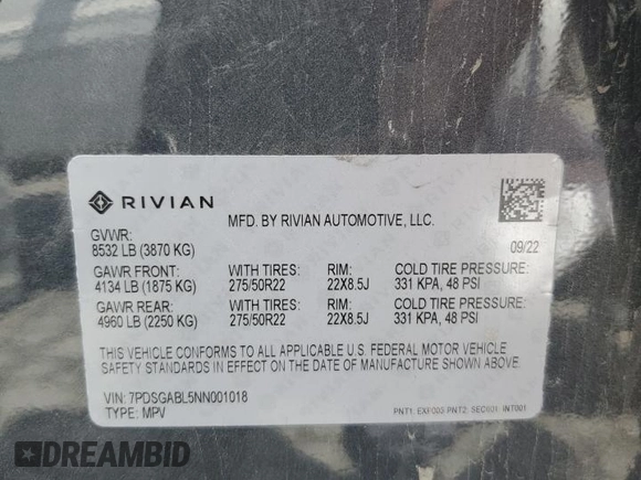 2022 Rivian R1S Launch Edition z VIN 7PDSGABL5NN001018, wystawiony jako Copart lot #56914725 z przebiegiem 26 156 mil mil oraz Szkoda całkowita • Salvage title. Historia ofert i sprzedaży dostępna na DreamBid. Obrazek 14.