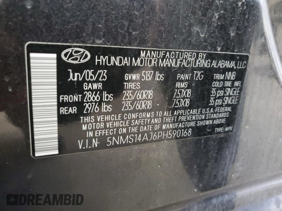 2023 Hyundai Santa Fe SE with VIN 5NMS14AJ6PH590168, listed as a Copart auction lot 65042925 with 49,283 mi miles and Clean title. Bid and sale history available at DreamBid. Image 14.