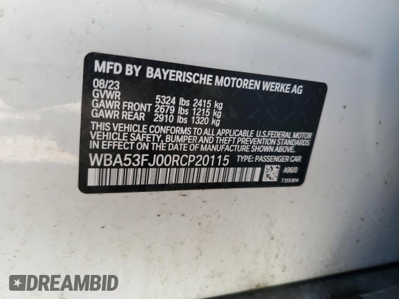 2024 BMW 5 Series 530i xDrive с VIN WBA53FJ00RCP20115, выставлен на аукционе Copart как лот 71083904 с пробегом 2 043 миль миль и Списание • Salvage title. История ставок и продаж доступна на DreamBid. Изображение 13.