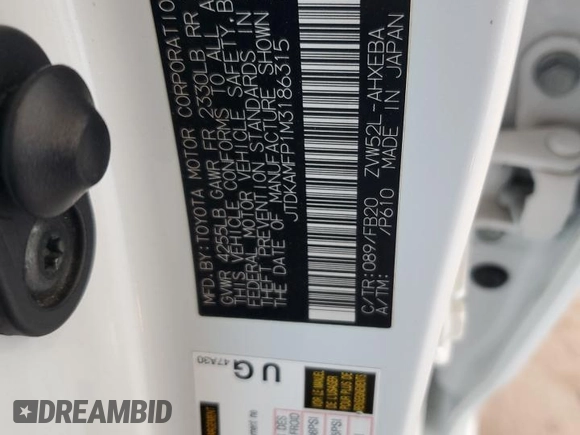 2021 Toyota Prius LE with VIN JTDKAMFP1M3186315, listed as a Copart auction lot 61125795 with 283,715 mi miles and Salvage title. Bid and sale history available at DreamBid. Image 12.
