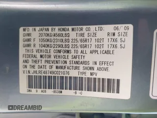 2009 Honda CR-V EX-L with VIN JHLRE48749C021076, listed as a IAAI auction lot 41884588 with 149,091 mi miles and . Bid and sale history available at carsss.com. Image 9.