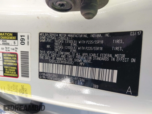 2017 Toyota Sienna XLE Auto Access Seat with VIN 5TDYZ3DCXHS846062, listed as a IAAI auction lot 41204085 with 107,046 mi miles and . Bid and sale history available at DreamBid. Image 9.