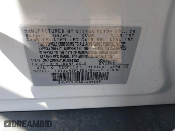 2024 Nissan Kicks S with VIN 3N1CP5BV1RL584152, listed as a IAAI auction lot 41663607 with 1,379 mi miles and . Bid and sale history available at carsss.com. Image 9.