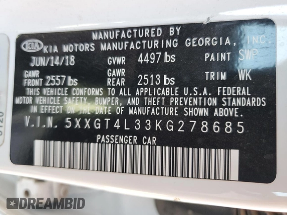 2019 Kia Optima LX with VIN 5XXGT4L33KG278685, listed as a Copart auction lot 83573264 with 106,691 mi miles and Salvage Title. Bid and sale history available at carsss.com. Image 12.