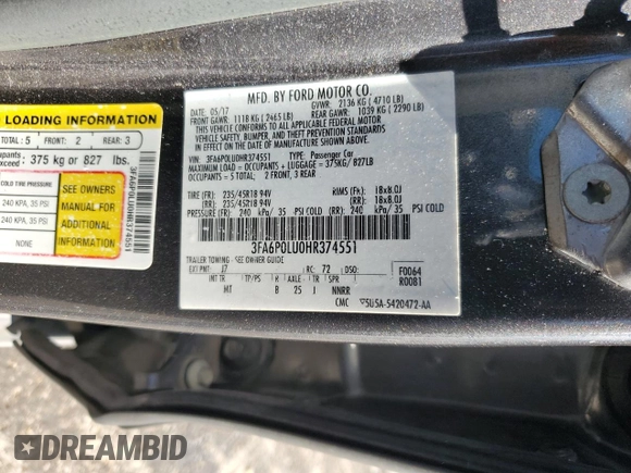 2017 Ford Fusion Hybrid SE with VIN 3FA6P0LU0HR374551, listed as a Copart auction lot 84612714 with 121,991 mi miles and Salvage title. Bid and sale history available at DreamBid. Image 13.