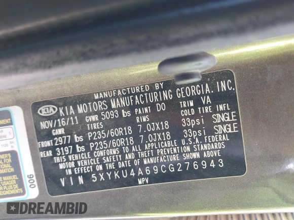 2012 Kia Sorento EX with VIN 5XYKU4A69CG276943, listed as a IAAI auction lot 42604286 with 182,425 mi miles and . Bid and sale history available at DreamBid. Image 9.