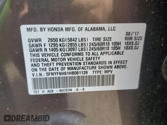 2017 Honda Pilot EX-L z VIN 5FNYF6H61HB061139, wystawiony jako Copart lot #55593095 z przebiegiem 107 170 mil mil oraz Szkoda całkowita • Salvage title. Historia ofert i sprzedaży dostępna na DreamBid. Obrazek 12.