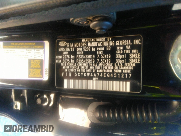 2014 Kia Sorento SX Limited with VIN 5XYKW4A74EG451217, listed as a IAAI auction lot 41358018 with 284,588 mi miles. Bid and sale history available at carsss.com. Image 9.