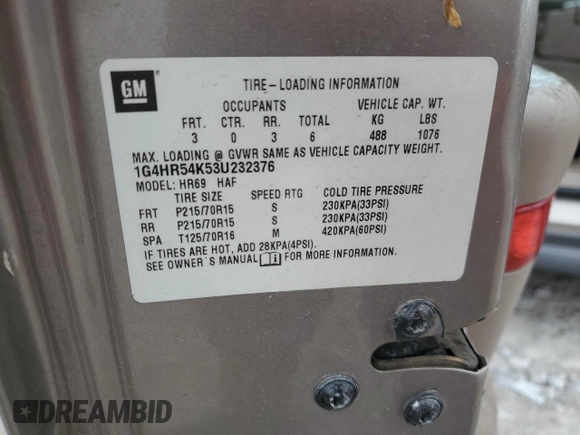 2003 Buick LeSabre Limited с VIN 1G4HR54K53U232376, выставлен на аукционе Copart как лот 57346125 с пробегом 175 353 миль миль и Чистый • Clean title. История ставок и продаж доступна на DreamBid. Изображение 12.