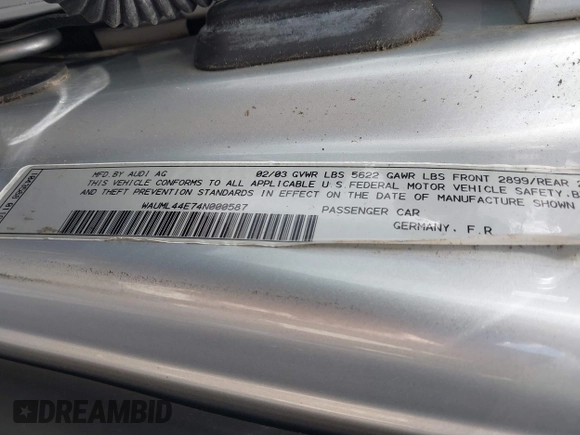 2004 Audi A8 with VIN WAUML44E74N000587, listed as a IAAI auction lot 42479262 with 100,722 mi miles and . Bid and sale history available at DreamBid. Image 9.