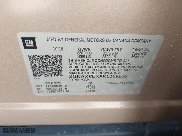 2019 Chevrolet Equinox LT with VIN 2GNAXVEXXK6169236, listed as a IAAI auction lot 41805937 with 81,194 mi miles. Bid and sale history available at carsss.com. Image 9.