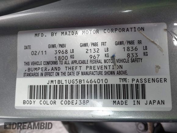2011 Mazda 3 i Sport with VIN JM1BL1UG5B1464010, listed as a IAAI auction lot 42195224 with 134,211 mi miles and . Bid and sale history available at DreamBid. Image 9.