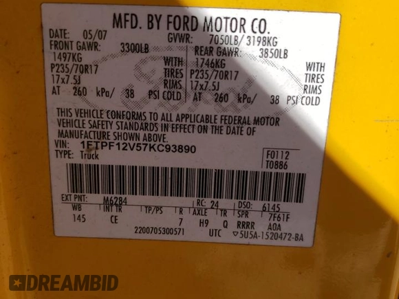 2007 Ford F-150 XL with VIN 1FTPF12V57KC93890, listed as a Copart auction lot 48167925 with 0 mi miles and Salvage Title. Bid and sale history available at carsss.com. Image 12.