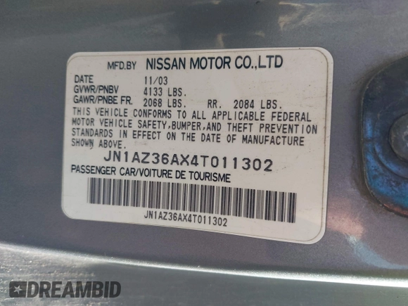 2004 Nissan 350Z Touring with VIN JN1AZ36AX4T011302, listed as a IAAI auction lot 41868504 with 78,683 mi miles. Bid and sale history available at carsss.com. Image 9.