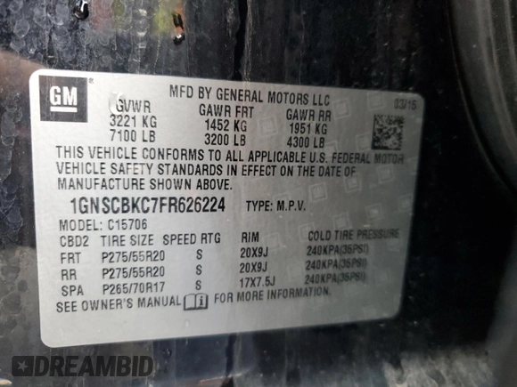 2015 Chevrolet Tahoe LT with VIN 1GNSCBKC7FR626224, listed as a Copart auction lot 54739825 with 148,030 mi miles and Salvage title. Bid and sale history available at DreamBid. Image 14.