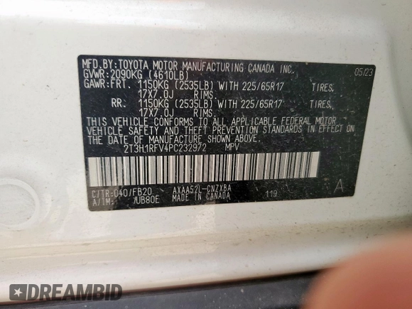 2023 Toyota RAV4 LE with VIN 2T3H1RFV4PC232972, listed as a Copart auction lot 59354655 with 27,884 mi miles and Salvage title. Bid and sale history available at DreamBid. Image 12.