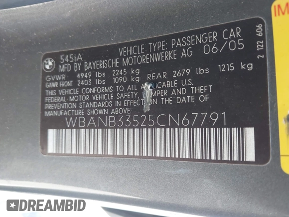 2005 BMW 5 Series 545i with VIN WBANB33525CN67791, listed as a IAAI auction lot 42056534 with 166,221 mi miles and . Bid and sale history available at carsss.com. Image 9.