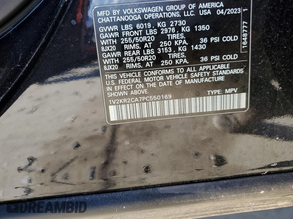 2023 Volkswagen Atlas SE z VIN 1V2KR2CA7PC550169, wystawiony jako Copart lot #43042965 z przebiegiem Nie podano mil oraz Szkoda całkowita • Salvage title. Historia ofert i sprzedaży dostępna na DreamBid. Obrazek 15.
