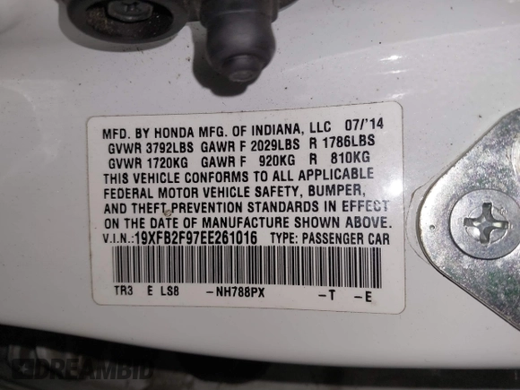 2014 Honda Civic EX-L with VIN 19XFB2F97EE261016, listed as a IAAI auction lot 41346617 with 124,539 mi miles and . Bid and sale history available at DreamBid. Image 9.