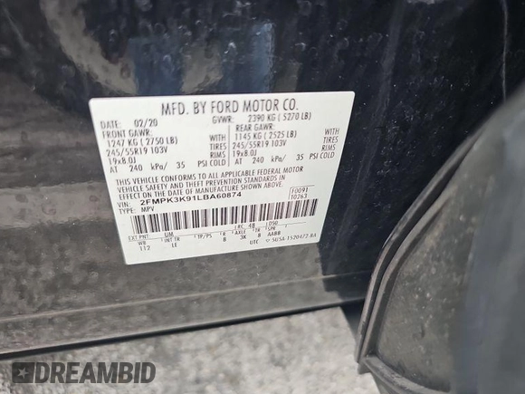 2020 Ford Edge Titanium z VIN 2FMPK3K91LBA60874, wystawiony jako IAAI lot #42470865 z przebiegiem 94 048 mil mil oraz . Historia ofert i sprzedaży dostępna na DreamBid. Obrazek 16.