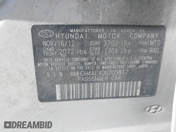 2013 Hyundai Elantra GLS with VIN KMHDH4AE4DU703817, listed as a IAAI auction lot 42377070 with 193,951 mi miles and . Bid and sale history available at DreamBid. Image 9.