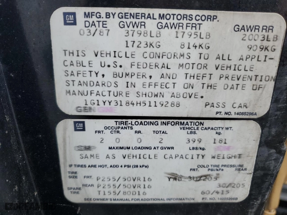 1987 Chevrolet Corvette with VIN 1G1YY3184H5119288, listed as a Copart auction lot 45191605 with 52,340 mi miles and Salvage Title. Bid and sale history available at carsss.com. Image 14.