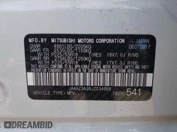 2018 Mitsubishi Outlander ES with VIN JA4AZ3A38JZ034988, listed as a IAAI auction lot 42474272 with 95,066 mi miles and . Bid and sale history available at DreamBid. Image 9.