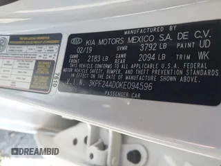2019 Kia Forte LXS with VIN 3KPF24AD0KE094596, listed as a IAAI auction lot 41166967 with 87,665 mi miles. Bid and sale history available at carsss.com. Image 9.