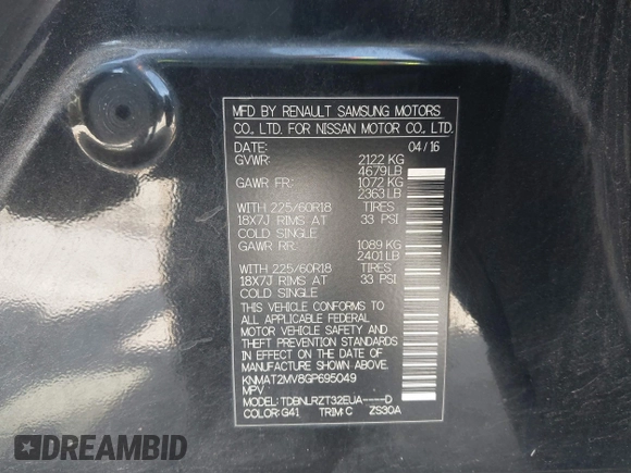 2016 Nissan Rogue SV with VIN KNMAT2MV8GP695049, listed as a IAAI auction lot 41826587 with 220,507 mi miles. Bid and sale history available at carsss.com. Image 9.