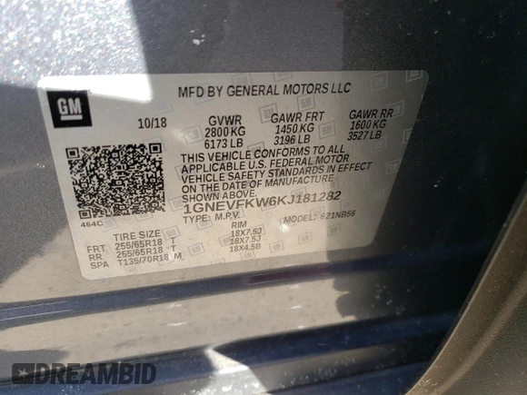 2019 Chevrolet Traverse LS with VIN 1GNEVFKW6KJ181282, listed as a Copart auction lot 39401043 with 75,416 mi miles. Bid and sale history available at carsss.com. Image 13.