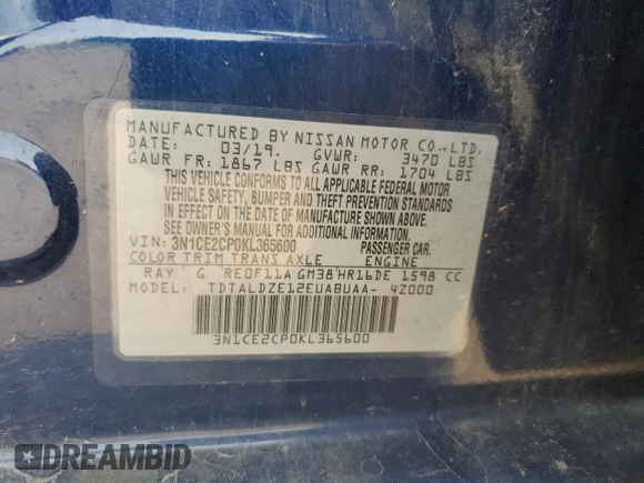 2019 Nissan Note SV z VIN 3N1CE2CP0KL365600, wystawiony jako Copart lot #59698085 z przebiegiem 162 767 mil mil oraz Szkoda całkowita • Salvage title. Historia ofert i sprzedaży dostępna na DreamBid. Obrazek 12.